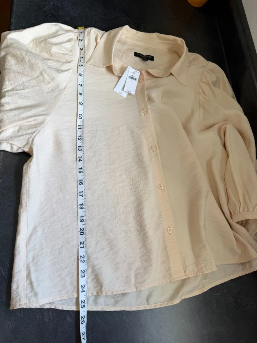 Banana Republic Nude Button Up Blouse Women’s Large Puff Sleeves Collared Silky